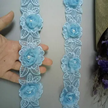 1 Dvorišče 5 cm Topne Blue Diamond Pearl Cvet Čipke Trim Vezene Aplicirano Poroko Tkanine Traku Šivanje Obrti Kostum Za Klobuk