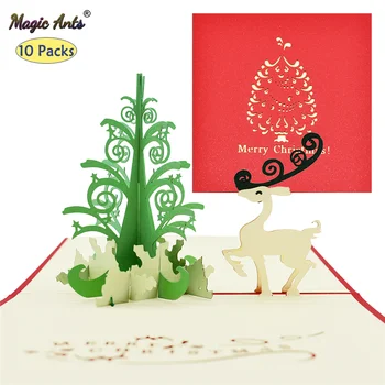 10 Paket Vesel Božič Darila Drevo, Pop-Up Kartice Jelenov Kartice Ročno z ovojnice Nalepke Laser Cut novoletnih voščilnic