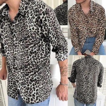 2021 Mens Moda Leopard Print Majica Visoke Kakovosti, Dolg Rokav Srajco Socialne Človek Priložnostne Stranka Homme Majica