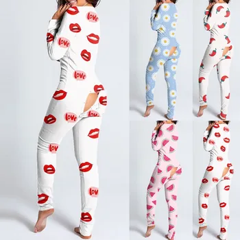 2021 pižamo Onesies Žensk Gumb navzdol Print Funkcionalne Buttoned Zavihek Odraslih Proti-vrat Jumpsuit Pyjama Femme Sleepwear