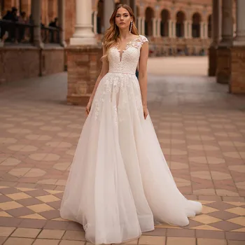 2021 Vroče Prodaje A-Linijo Poročnih Oblek Iluzijo Gumb Skp Rokavi O Vratu Moda Appliqued Poročne Halje vestidos de novia