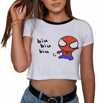 2022 Nove Disney Marvel Spiderman Tiskanja Poletje Kratek Rokav Black Crop Zgornji Del Ženske Obleke Harajcku Estetske Casual Punk Telovnik Tank