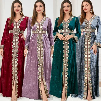 2022 Nove Muslimanske tam kaftan Abaya Dubaj Ženske Jesen Zima Žamet Haljo Luksuzni Proti-vrat Obleko Lady Dolg Rokav Vezenje Stranka Oblačila