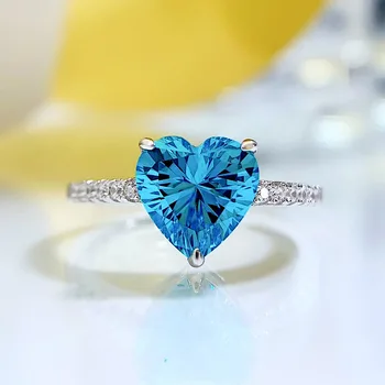 2022 novo srebro 925 v obliki srca 8*8 visoko vsebnostjo ogljika diamond akvamarin diamond simulacije diamantni prstan poroko