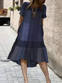 2022 Poletje Vintage Obleko Ženske ZANZEA Bombaž Perilo Midi Vestidos Priložnostne Visoka Nizka Kariran Sundress Kratek Rokav Robe