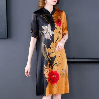 2022 Visoke Kakovosti Cvetlični Naravne Svile Midi Obleka Ženske Elegantne Svoboden Pasu Urad Dama Obleko Poletje Korejski Letnik Stranka Obleko