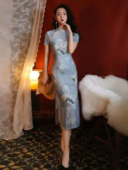 2022 Ženske Lotus Cheongsam Poletni Cvetlični Kratek Rokav Vintage Modra Obleka Slim Ženski Kostumi Qipao Kitajski Obleko Dekle Sodobne
