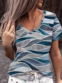 2022 Ženske Povzetek Trak T Shirt Grafični Geometrijske Poletje V Vratu Osnovne Vrhovi Modra / 3D Print Prevelik Pulover Nova