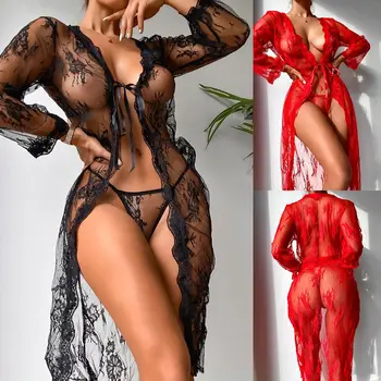 2022 Ženske Svilenih Oblačilih Sleepwear Obleko z Dolgimi Rokavi Čipke Mozaik Seksi spodnje Perilo, Pižame s Spodnje Perilo 2PCS Set