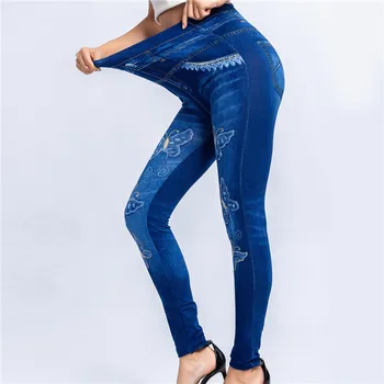 2022 Ženske Visoko Pasu Ponaredek Jeans Dokolenice Metulja Print Gleženj Dolžina Hlače Super Stretchy Suh Imitacije Jeans Dokolenice 1