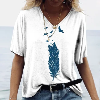 2023 Moda za Ženske T-shirt 3d Pero Print Majica s kratkimi rokavi Za Ženske Novih Proti-vrat Kratkimi Rokavi Ženske Obleke Ulične Priložnostne Vrh Tee