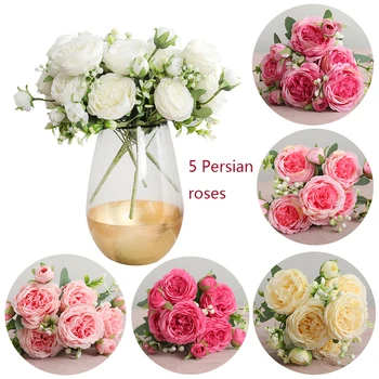 30 cm Rose Pink Svile Peony Umetno Cvetje Šopek 5 Veliko Glavo in 4 Bud Poceni Ponaredek Cvetja za Dom Poročno Dekoracijo notranjih 0