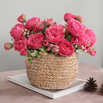 30 cm Rose Pink Svile Peony Umetno Cvetje Šopek 5 Veliko Glavo in 4 Bud Poceni Ponaredek Cvetja za Dom Poročno Dekoracijo notranjih 1