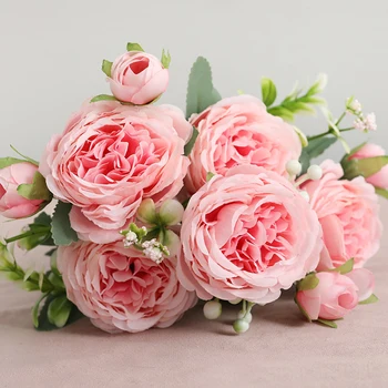 30 cm Rose Pink Svile Peony Umetno Cvetje Šopek 5 Veliko Glavo in 4 Bud Poceni Ponaredek Cvetja za Dom Poročno Dekoracijo notranjih 2
