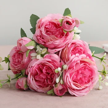 30 cm Rose Pink Svile Peony Umetno Cvetje Šopek 5 Veliko Glavo in 4 Bud Poceni Ponaredek Cvetja za Dom Poročno Dekoracijo notranjih 4
