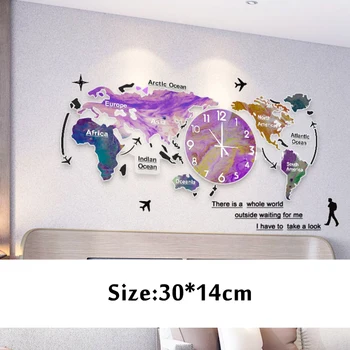 30x14cm Punch-brezplačno Veliki Svetovni Zemljevid DIY Nalepke Stenska Ura Quartz uro Izklop Sodobne Samolepilni Design Horloge Umetnosti 1