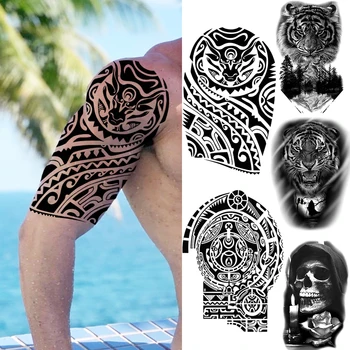 3D Indijski Črni Bik Maori Roko Krava Začasne Tetovaže Za Moške Odrasle Tiger Lobanje Gozdni Ponaredek Tattoo Nalepke Pol Rokav Tatoos