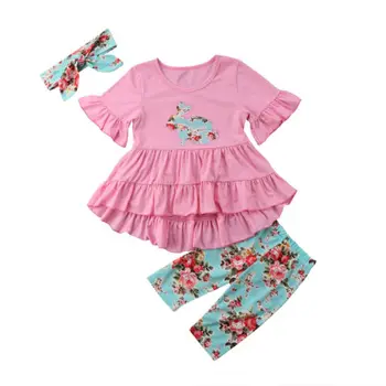 3PCS Velikonočni Oblačila Obleko Baby Dekle Zajec Cvetlični Vrhovi Obleko Dokolenke Obleke, Kompleti 2-7Y
