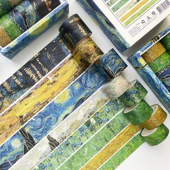 8 KOS Washi Papir Zlata Folija Van Gogh Oljna slika, Zvezdnato Nebo Maskiranje Trakovi Set za Scrapbooking DIY Obrti Dekoracijo