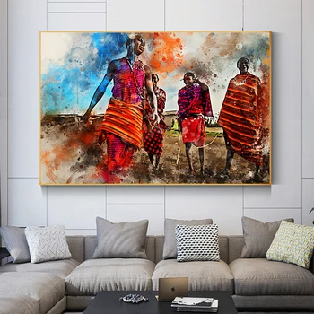 Akvarel Afriške Umetnosti Maasai Plemena Ples Platno Slikarstvo Plakatov in Fotografij Povzetek Wall Art Slik, Dnevna Soba Dekor