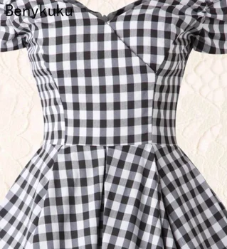 Anglija Slog Off Ramenski Black Kariran Obleko Retro Vintage 50s Rockabilly Pin Up Priložnostne Stranke Obleke Plus Velikost Ženske Oblačila 2