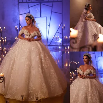 Arabija Princesa Žogo Obleke Poročni Obleki 3D Cvetje Off Ramenski Luksuzni Poročne Halje Kristalno Nevesta obleke po Meri