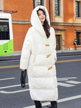Bela čez kolena Več puhovka ženske 2021 pozimi nov slog korejski rog sponke hooded je tanka, debela topel plašč WY423