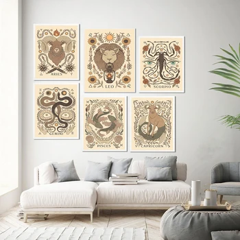 Bohemian Nebesno Umetnosti Plakatov, Tiskanje Platno Slikarstvo Zgleduje Astrologija Scorpio Devica Aquarius Oven Leo Slike Retro Stenski Dekor