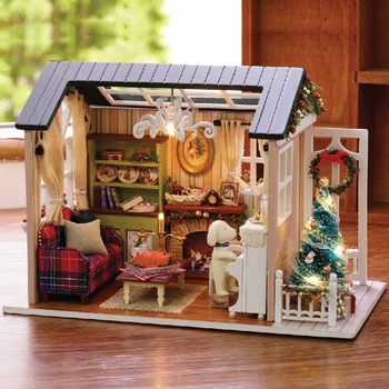 CUTEBEE DIY Lutka Hiša, Lesene DollHouses Miniaturni Lutke Pohištvo Komplet z LED Igrače za Otroke Božič, Božična Darila
