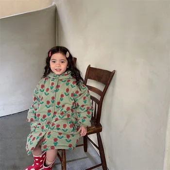 Dekleta Otroka Otroci Plašč Suknjič Outwear 2021 Cvetlični Zgostitev Pasja Zima Jesen Bombaž Runo Božično Darilo otroška Oblačila