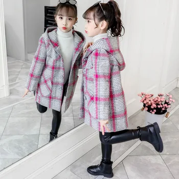 Dekleta otroška oblačila nove zimske kariran jakno veliko otrok hooded windbreaker dolgo dekle je sredi dolžina volnene tkanine coats