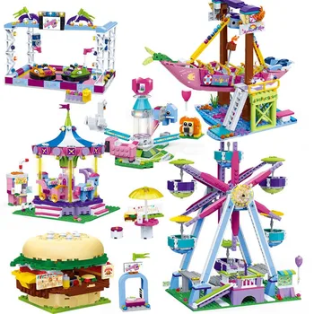 Dekleta Zabaviščni Park Niz Gradnikov Odbijač Avtomobilov Ferris Wheel Burger Shop Krožni Model Določa Prijatelji Zbiranje Igrač Otrok
