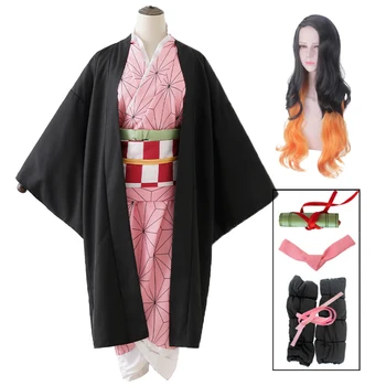Demon Slayer Kimetsu ne Yaiba Kamado Nezuko Cosplay Kostum Ženske Kimono Enotno Lasuljo Nastavite Halloween Party Anime Oblačila