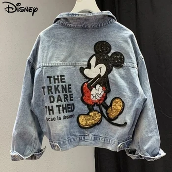 Disney Nov Prihod Top Moda Jeseni Bombaž Svoboden Priložnostne Risanka Mickey Mouse Tiskanja Beaded Vezenje Uničiti Pranje Traper Suknjič