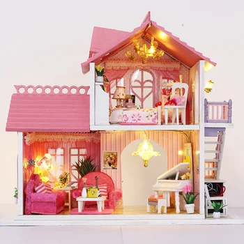 DIY Lesene Lutke Kit Miniaturni S Pohištvom Lahka Dekleta Mansarda Casa Lutka Hiša Roombox Igrače za Odrasle Xmas Darila