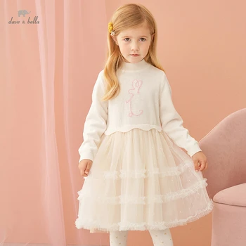DKY19588 dave bella jeseni dekle moda pismo trdna tiskanja draped obleko otroci sweet oblačenja otroci dojenčka lolita obleko