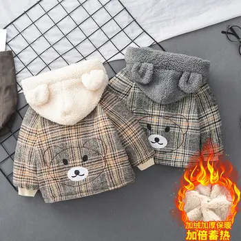 Dojenček Fant je plašč 0-5 let spomladi in jeseni suknjič oblazinjeni jakno otrok Kariran kapuco suknjič Risanka vezene medved