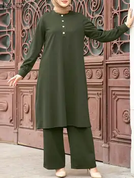 Dubaj Turčija Islamska Oblačila ZANZEA Moda Muslimanskih Določa Dve Kos Določa Ženska Outifits Jeseni Dolg Rokav Bluzo Hlače, Obleke