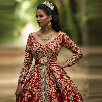 Dva Kosa Maroški Obleke Poročne Obleke Z Ruto Rdeče Dolg Rokav Poročne Halje Zlato Appliques Islamske Dubaj Obleko