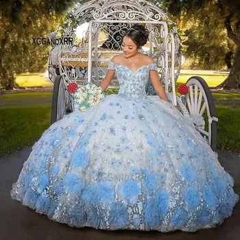 Edinstven Baby Blue Sweet 16 Quinceanera Obleke Za Dekleta Luksuzni 3D Cvetje Ljubica Čipke-Up Žogo Obleke Vestidos De 15 Años 2022