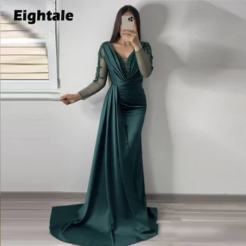 Eightale arabski Večerne Obleke za svate Saten Proti-Vrat Temno Zelena Appliques Beaded Celebrity Dolgo Rokavi Maturantski Oblek