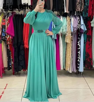 Elegantno Turkizno Šifon Črto Večerno Obleko Dolgo Puff Rokavi Nosorogovo Meri Plus Velikost Arabski Formalno Prom Stranka Obleke