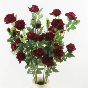 Eno Umetno Dolgo Steblo Rose 5 Glav Žametne Vrtnice Simulirani Rože Rdeče/Roza/Krema/Burgundija Barva Rose Cvet Podružnice