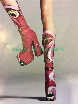 Gospa hot pink tiskanja hip hop punk čevlji nosorogovo luksuzni design tele kolena močen pete škornji T SHOW modal čevlji velikosti 46 obutev 0