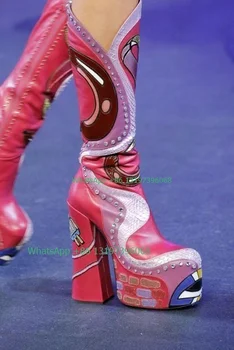 Gospa hot pink tiskanja hip hop punk čevlji nosorogovo luksuzni design tele kolena močen pete škornji T SHOW modal čevlji velikosti 46 obutev 2