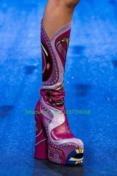 Gospa hot pink tiskanja hip hop punk čevlji nosorogovo luksuzni design tele kolena močen pete škornji T SHOW modal čevlji velikosti 46 obutev 3
