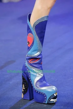 Gospa hot pink tiskanja hip hop punk čevlji nosorogovo luksuzni design tele kolena močen pete škornji T SHOW modal čevlji velikosti 46 obutev 4