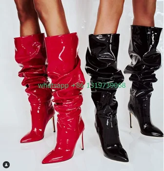 Gospa naguban design kolena in škornji stiletto pete seksi črna opozoril toe čevlji PU usnje, pade stranka obleko čevlji z visokimi petami rdeče punk