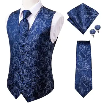 Hi-Tie 20 Barve Svile Moške Majice in Kravato Poslovnih Formalnih Obleke Slim Telovnik 4PC Hanky zapestne gumbe za Obleko Modra Paisley Waistcoat