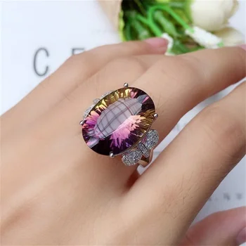 High-end Luksuzni Ovalne Gradient Pisane Crystal Ring Za Ženske, Nakit Modni Srebro 925 Ženske, Nakit, Poročni Prstan Nastavljiv